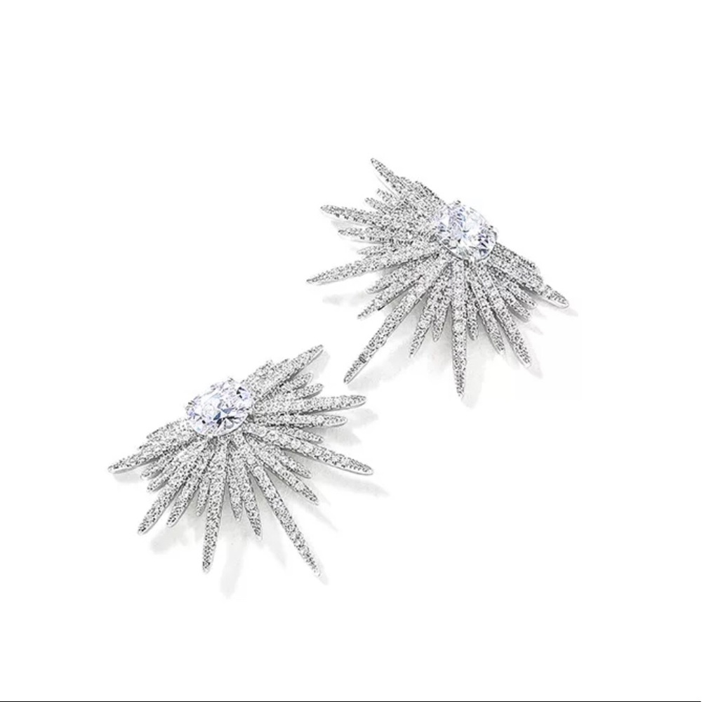 Silver Starburst Cluster Rhinestone Earrings - Picture 3 of 8
